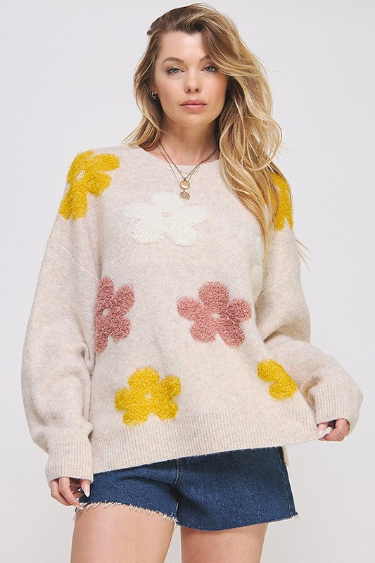 Oversized Floral Graphic Knit Sweater - SwagglyLife Home & Fashion